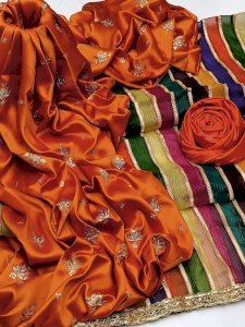 Rust Orange Embroidered 3PC Suit with Multi Dupatta